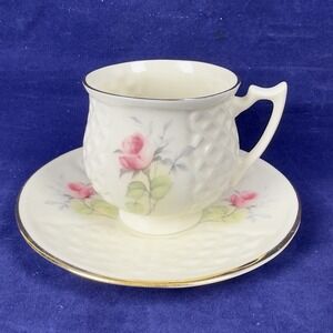 Vintage Donegal Parian China "Irish Rose" Footed Tea Cup Saucer  Ivory Lattice